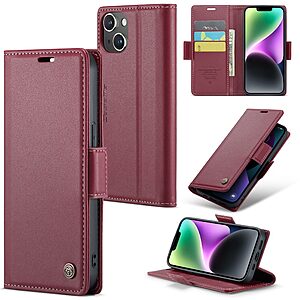 Flip Πορτοφόλι από Συνθετικό Δέρμα (PU) με TPU για iPhone 14 (CASEME 023) σε Κόκκινο — 3 θήκες καρτών, προστασία RFID & stand για hands-free προβολή.