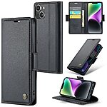 Flip Πορτοφόλι από Συνθετικό Δέρμα (PU) με TPU για iPhone 14 (CASEME 023) σε Μαύρο — 3 θήκες καρτών, προστασία RFID & βάση στήριξης.