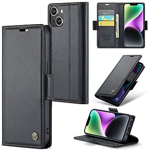 Flip Πορτοφόλι από Συνθετικό Δέρμα (PU) με TPU για iPhone 14 (CASEME 023) σε Μαύρο — 3 θήκες καρτών, προστασία RFID & βάση στήριξης.