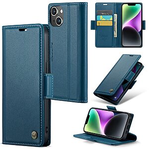 Flip Πορτοφόλι από Συνθετικό Δέρμα (PU) με TPU για iPhone 14 (CASEME) σε Μπλε — 3 θήκες καρτών, προστασία RFID & stand για hands-free προβολή.