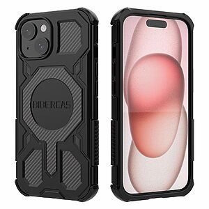 Σκληρή Πλάτη PC+TPU για iPhone 15 (BIBERCAS) σε Μαύρο με MagSafe — ενισχυμένες γωνίες & αντιολισθητική υφή για προστασία από πτώσεις.