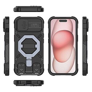 Θήκη iPhone 15 - OEM - Σκληρή Πλάτη PC+TPU - Μαύρο - MagSafe/Stand/Λουράκι — εικόνα 2