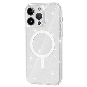 Σκληρή Πλάτη PC+TPU για iPhone 15 Pro Max (OEM) σε Λευκό με MagSafe — glitter σχέδιο & περιστρεφόμενο stand για hands-free χρήση.
