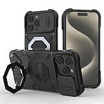 Σκληρή Πλάτη PC+TPU για iPhone 15 Pro Max (OEM) σε Μαύρο με MagSafe — stand, λουράκι & προστασία κάμερας για καθημερινή χρήση.
