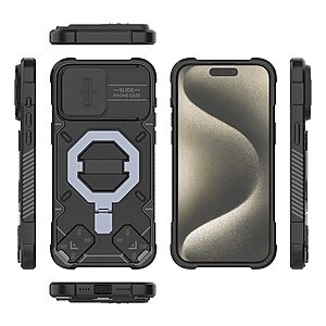 Θήκη iPhone 15 Pro Max - OEM - Σκληρή Πλάτη PC+TPU - Μαύρο - MagSafe/Stand/Λουράκι — εικόνα 2