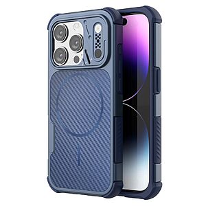 Σκληρή Πλάτη PC+TPU για iPhone 15 Pro Max (OEM) σε Μπλε — ενισχυμένες γωνίες, μαγνητικός δακτύλιος & υφή carbon fiber για σίγουρο κράτημα.