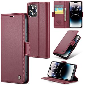 Flip Πορτοφόλι από Συνθετικό Δέρμα (PU) με TPU για iPhone 15 Pro Max (CASEME 023) σε Κόκκινο — 3 θήκες καρτών, προστασία RFID & βάση στήριξης.