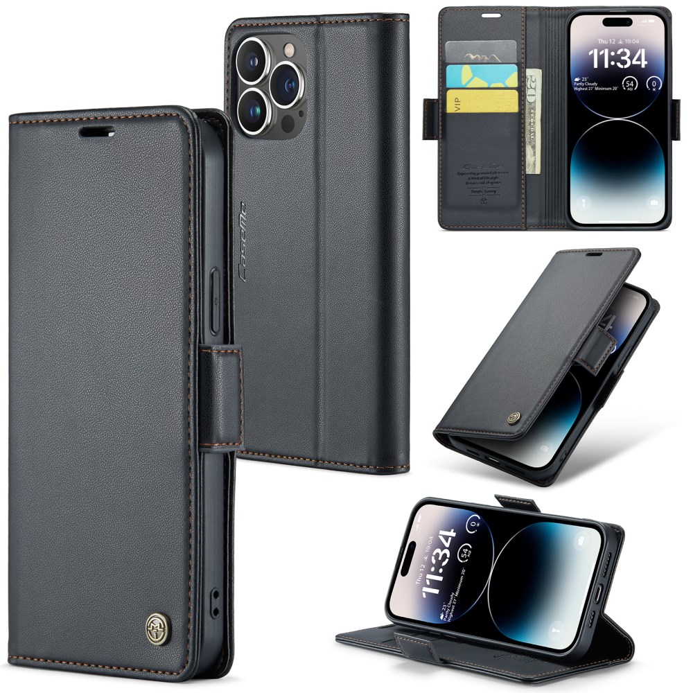 Θήκη iPhone 15 Pro Max - CASEME 023 - Flip Πορτοφόλι από Συνθετικό Δέρμα (PU) με TPU - Μαύρο - RFID/Stand Flip Πορτοφόλι από Συνθετικό Δέρμα (PU) με TPU για iPhone 15 Pro Max (CASEME) σε Μαύρο — 3 θήκες καρτών, προστασία RFID & stand.
