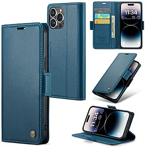 Flip Πορτοφόλι από Συνθετικό Δέρμα (PU) με TPU για iPhone 15 Pro Max (CASEME) σε Μπλε — 3 θήκες καρτών, προστασία RFID & stand για hands-free προβολή.