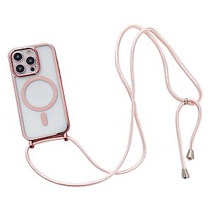 Πλάτη TPU για iPhone 15 Pro Max (OEM) σε Ροζ χρυσό με MagSafe — διάφανη πλάτη, επιμεταλλωμένο πλαίσιο & λουράκι για εύκολη μεταφορά.