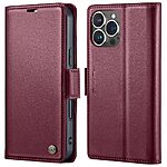 Flip Πορτοφόλι για iPhone 15 Pro (CASEME 023) σε Κόκκινο — 3 θήκες καρτών, προστασία RFID & βάση stand για hands-free προβολή.
