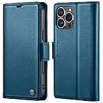 Flip Πορτοφόλι από Συνθετικό Δέρμα (PU) με TPU για iPhone 15 Pro (CASEME 023) σε Μπλε — 3 θήκες καρτών, προστασία RFID & stand για hands-free προβολή.