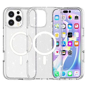 Σκληρή Πλάτη PC+TPU για iPhone 16 Pro Max (OEM) σε Λευκό glitter με MagSafe — περιστρεφόμενο stand & προστασία από πτώσεις.