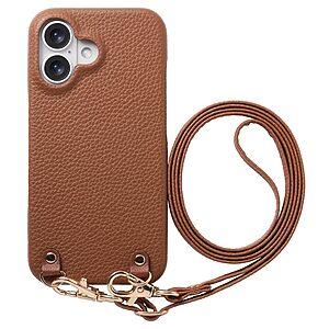 Πλάτη από Συνθετικό Δέρμα (PU) με PC για iPhone 17 (OEM) σε Καφέ — υφή litchi, απορρόφηση κραδασμών & αποσπώμενο λουράκι 130cm.