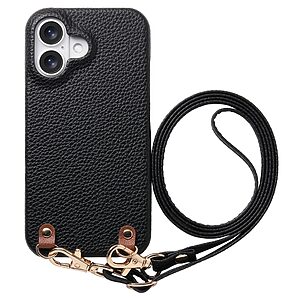 Πλάτη από Συνθετικό Δέρμα (PU) με PC για iPhone 17 (OEM) σε Μαύρο — υφή litchi, απορρόφηση κραδασμών & αποσπώμενο λουράκι 130cm.