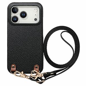 Πλάτη από Συνθετικό Δέρμα (PU) με PC για iPhone 18 Pro Max / 17 Pro Max (OEM) σε Μαύρο — υφή litchi, αντιολισθητικό κράτημα & λουράκι 130cm.