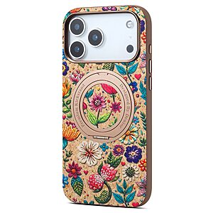 Πλάτη από Συνθετικό Δέρμα (PU) με TPU για iPhone 18 Pro Max / 17 Pro Max (DENIOR) σε Ροζ — κέντημα λουλουδιών, μαγνήτης & περιστρεφόμενο stand.