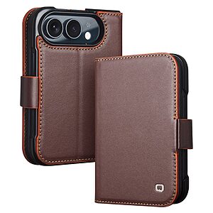 Flip Πορτοφόλι από Αυθεντικό Δέρμα για iPhone Duo (QIALINO) σε Καφέ Σκούρο — θήκες καρτών, stand πολλαπλών γωνιών & προστασία οθόνης.