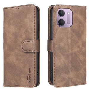 Flip Πορτοφόλι PU με TPU για Xiaomi Poco C85 4G / Redmi 17C 5G (BINFEN COLOR) σε Καφέ — RFID, 3 θήκες καρτών & stand 3 γωνιών.