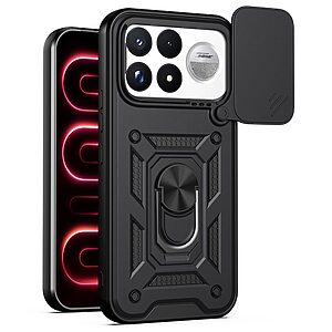Σκληρή Πλάτη PC+TPU για Xiaomi Poco F9 Ultra 5G (OEM) σε Μαύρο — περιστρεφόμενο stand & συρόμενο κάλυμμα κάμερας για προστασία από πτώσεις.