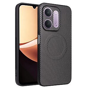 Πλάτη από Συνθετικό Δέρμα (PU) με TPU για Xiaomi Redmi 17C 5G (OEM) σε Γκρι — υφή carbon fiber & μεταλλικό έλασμα για μαγνητική βάση αυτοκινήτου.