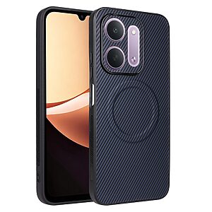 Πλάτη από Συνθετικό Δέρμα (PU) με TPU για Xiaomi Redmi 17C 5G (OEM) σε Μπλε — υφή carbon & μεταλλικό έλασμα για μαγνητική βάση αυτοκινήτου.