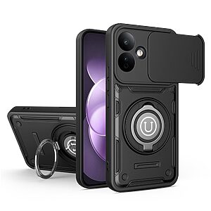 Σκληρή Πλάτη PC+TPU για Xiaomi Redmi Note 17 4G / 5G (OEM) σε Μαύρο — συρόμενο κάλυμμα κάμερας & δαχτυλίδι-stand 360° για προστασία.