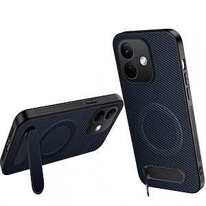 Σκληρή Πλάτη PC+TPU για Xiaomi Redmi Note 17 4G / 5G (WANLONFENG) σε Μπλε — όψη carbon fiber, stand & μαγνητικό δαχτυλίδι για καθημερινή προστασία.