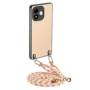 Πλάτη από Συνθετικό Δέρμα (PU) με TPU για Xiaomi Redmi Note 17 4G / 5G (OEM) σε Σομόν — υφή carbon fiber & αποσπώμενο λουράκι 1.2m για hands-free μεταφορά.